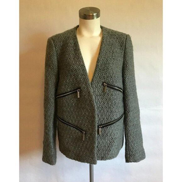 Michael Kors Gray Thick Knit Open Jacket W/ Black Lambswool Trim, Size 12 (US) - Picture 1 of 7